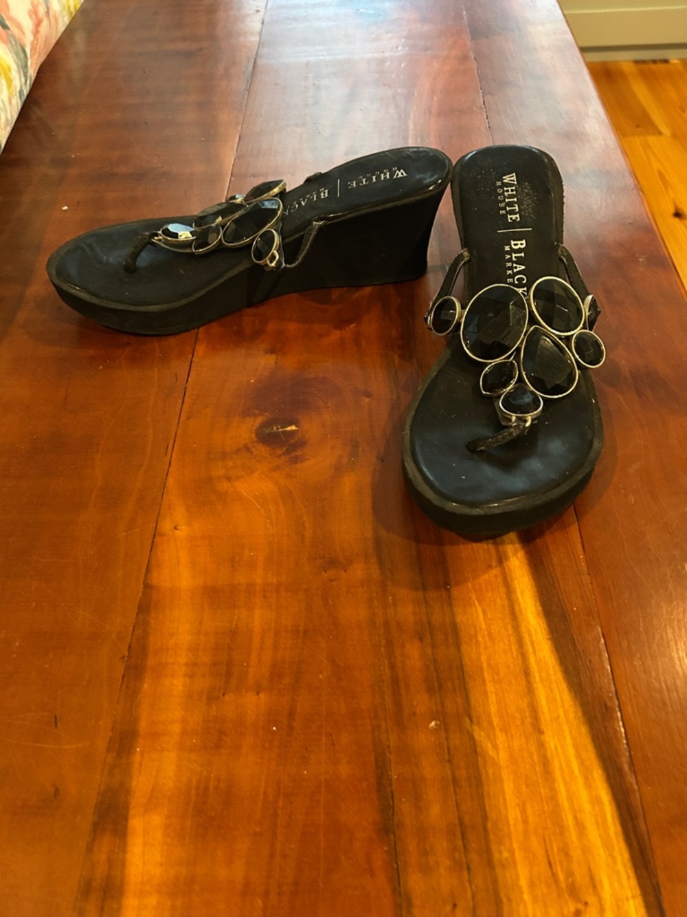 White Mountain Black Wedge Sandals with Decorative Stone Accents